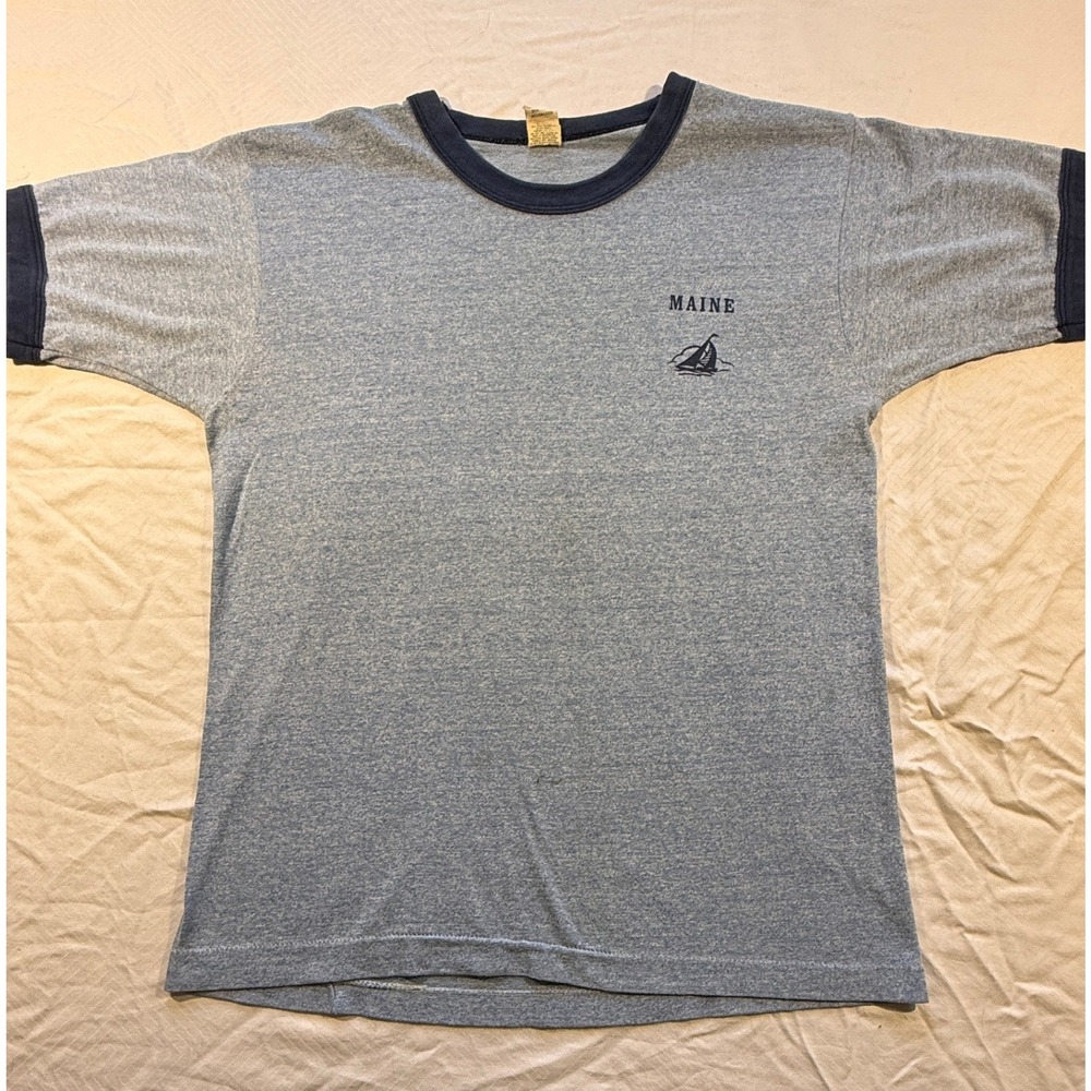 Vintage Maine Sailboat Ringer T-Shirt Heather Blue Navy Small Medium USA